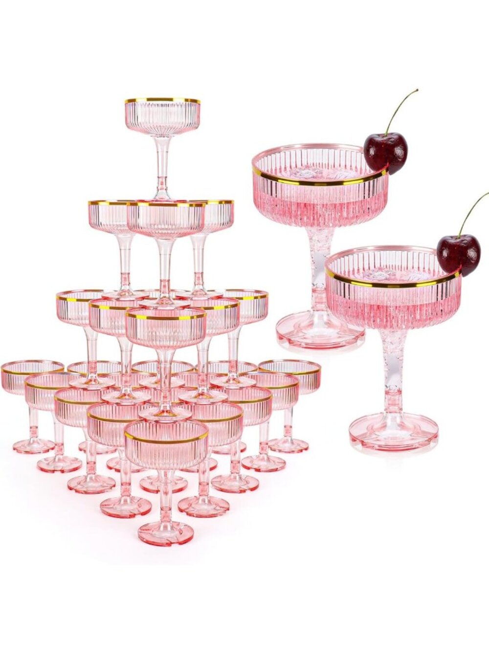 48 Pack Pink Champagne Glasses - Stackable 7oz Coupe Glasses with Gold Rim for